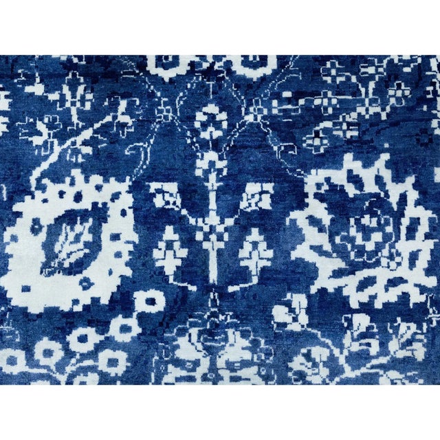 Blue Tone on Tone Tabriz Wool and Silk Square Hand Knotted Oriental Rug For Sale - Image 9 of 13