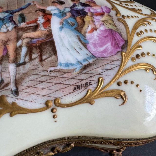 French Porcelain Casket Trinket Box Hand Painted Courting Couple Dancing Scene For Sale - Image 4 of 12