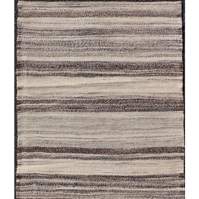 Stripe Design Turkish Vintage Kilim Rug in Shades of Ivory, Beige, and Brown For Sale In Atlanta - Image 6 of 10