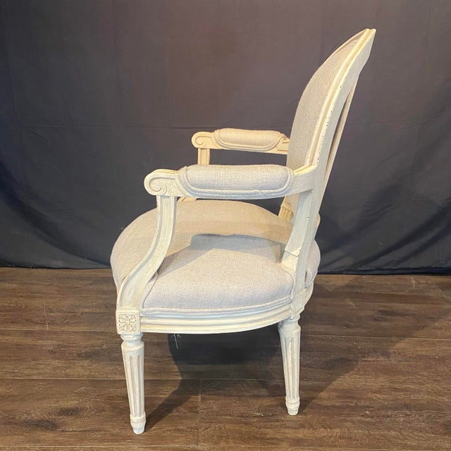 Linen 19th Century French Louis XVI Painted Neoclassical Fauteuil Armchairs -a Pair For Sale - Image 8 of 11