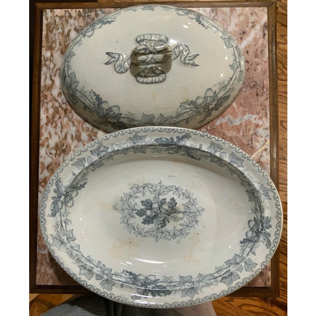 White English Antique Blue & White Tureen / Covered Dish With Crackle Glaze and Lovely Ribbon & Acorn Motifs for Cottage Core & Collectors - See Pics! For Sale - Image 8 of 10