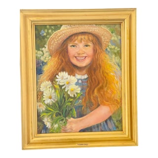1970s Flower Girl Original Art on Canvas Painting Sydelle Sher For Sale