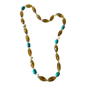 Turquoise, Amber Glass, and White Coral 32" Beaded Necklace With Rose Quartz Spacers- Designed by Matthew Izzo