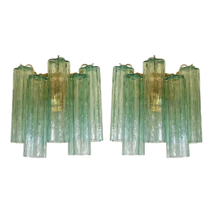 Contemporary Green “Tronchi” Murano Glass Wall Sconce in Venini Style - a Pair