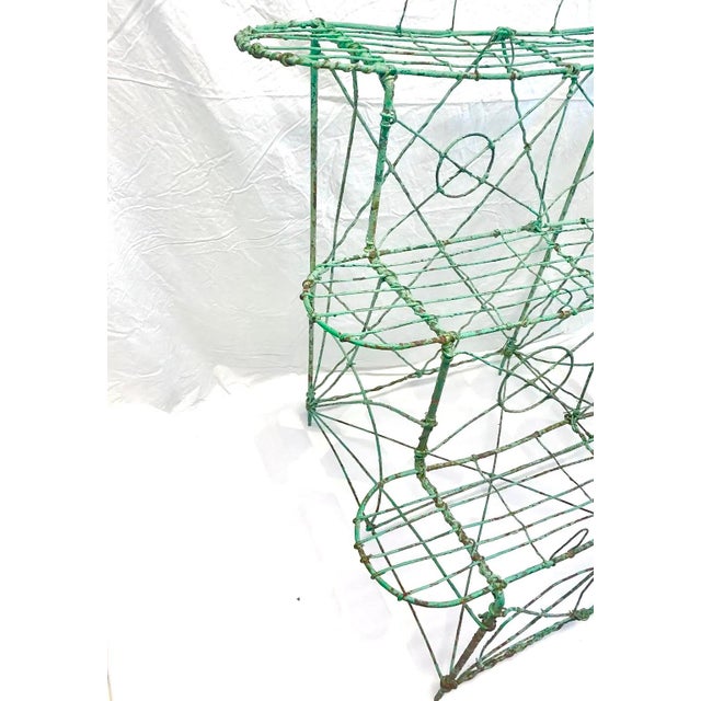 Antique Victorian Wire Plant Stand – Three Tier Garden Shelf With Original Green Paint For Sale - Image 4 of 10