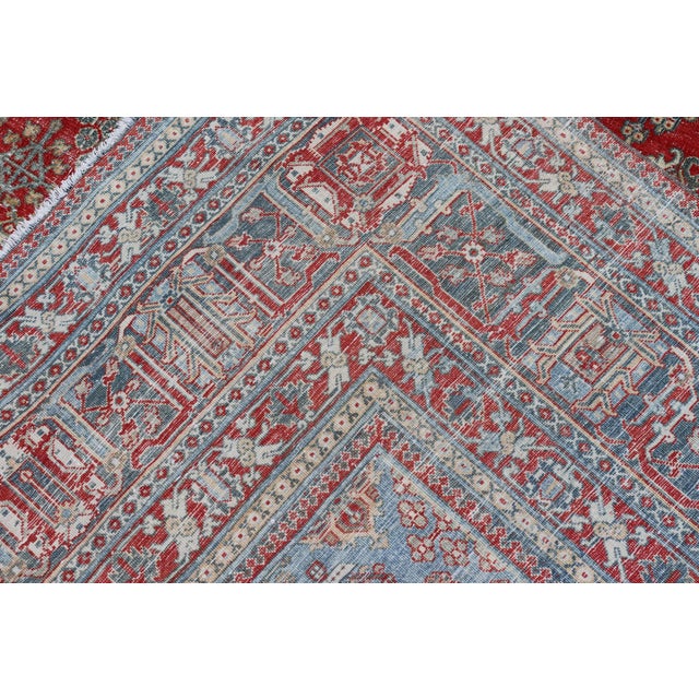 Antique Persian Joshegan Rug With Geometric Medallion Design in Red and Lt. Blue 9'6 X 12'3 For Sale - Image 15 of 15