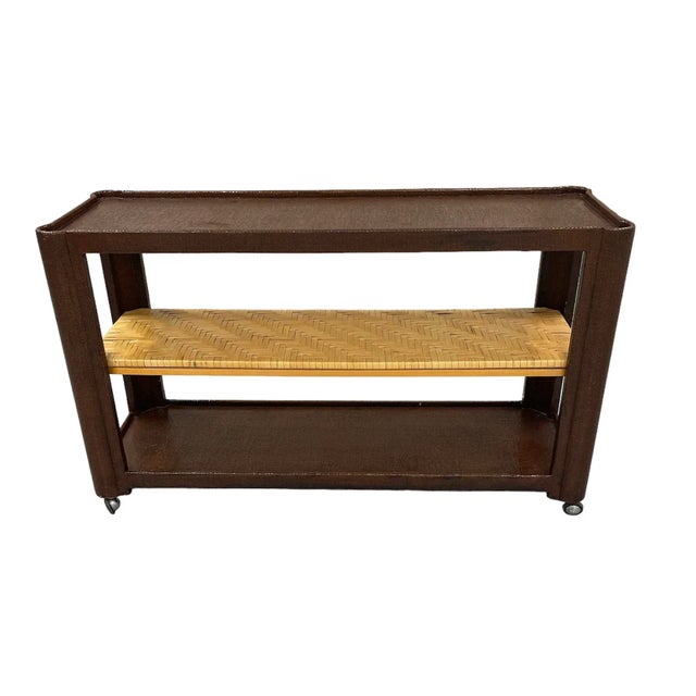 Karl Springer Vintage Springer Style Grasscloth and Woven Rattan Console/Bar Cart For Sale - Image 4 of 10