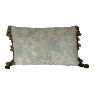 Sea-Foam Green Damask Pillow With Fringe For Sale