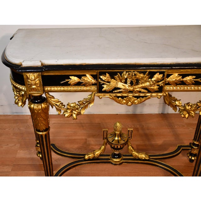 1880s Antique French Louis XVI Gold Gilt and Ebonized Carved Wood & Marble Top Console Table For Sale - Image 4 of 18