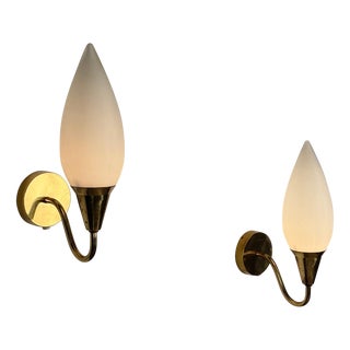 Brass Wall Lamps with Opaline Glass by Paavo Tynell, 1940s, Set of 2 For Sale