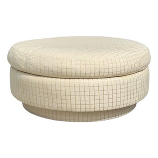 Vintage 42” Round Postmodern Upholstered Cocktail Ottoman With Down Feather Cushion For Sale