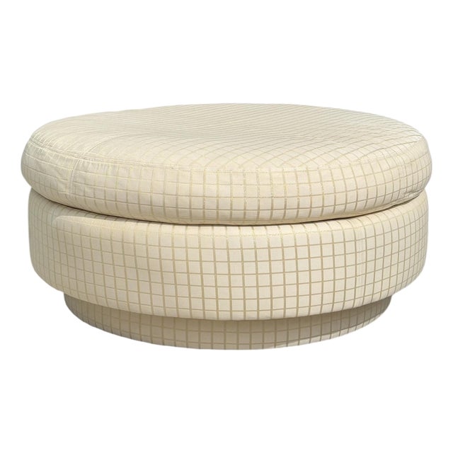 Vintage 42” Round Postmodern Upholstered Cocktail Ottoman With Down Feather Cushion For Sale
