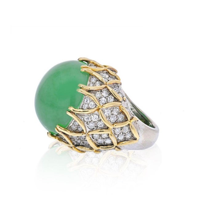 Modern Gia Certified 40ct Jadeite Jade & 4ct Diamond Cocktail Ring 18ky Gold No Treat For Sale - Image 3 of 8