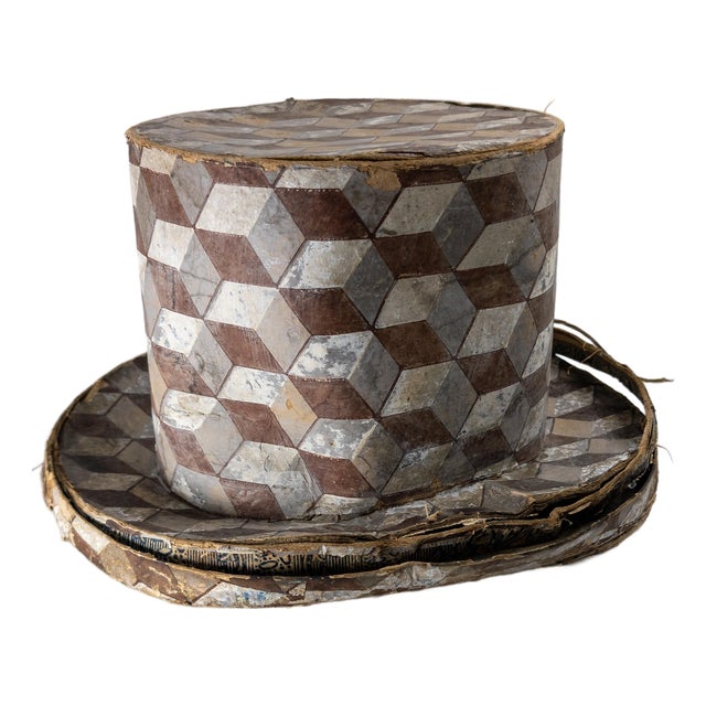 19th Century American Folk Op Art Wallpaper Bandbox in Top Hat Form For Sale