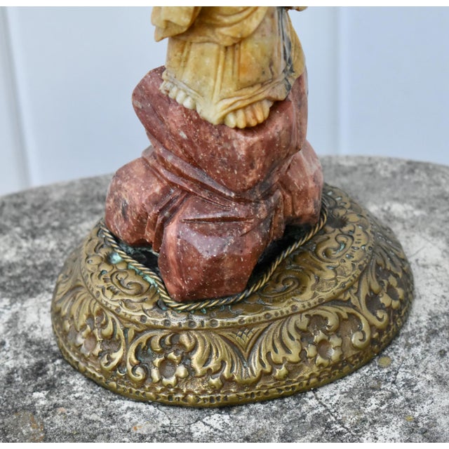 Chinese Antique Carved Soapstone Lamp of the Goddess Guanyin on Ornate Brass Base For Sale - Image 3 of 12