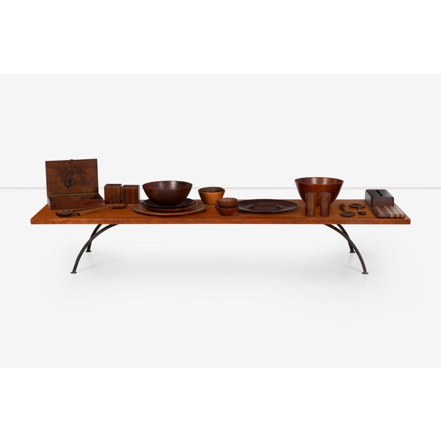 Mid-Century Modern Arthur Espenet Carpenter Wrought Iron Coffee Table in Narra Wood 1960 For Sale - Image 3 of 11