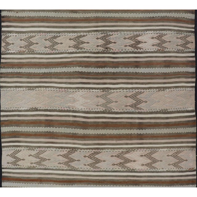 Turkish Flat-Weave Kilim in Muted Colors With Stripes and Embroideries For Sale - Image 9 of 10