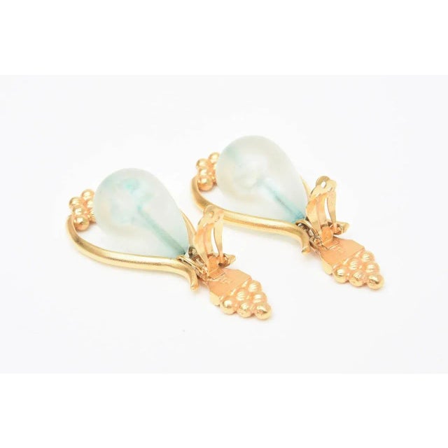 1980s Vintage Gold Plated and Blue Turquoise Resin Drop Dangle Clip on Earrings 80's Pair Of For Sale - Image 5 of 7