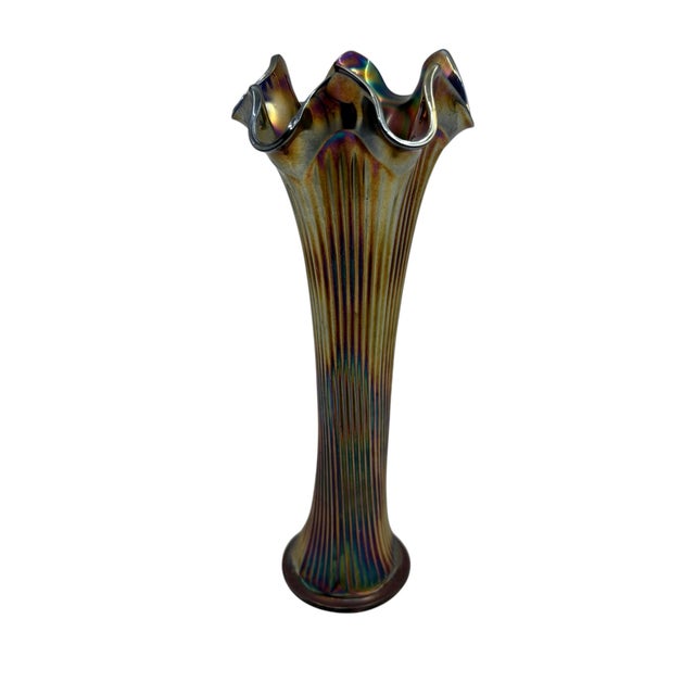 Art Nouveau 1930s Antique Fenton Irridescent Ruffled Glass Vase For Sale - Image 3 of 11