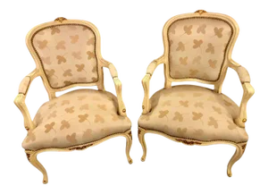 French Louis XV Style Parcel Gilt & Paint Decorated Bergere Chairs - A Pair