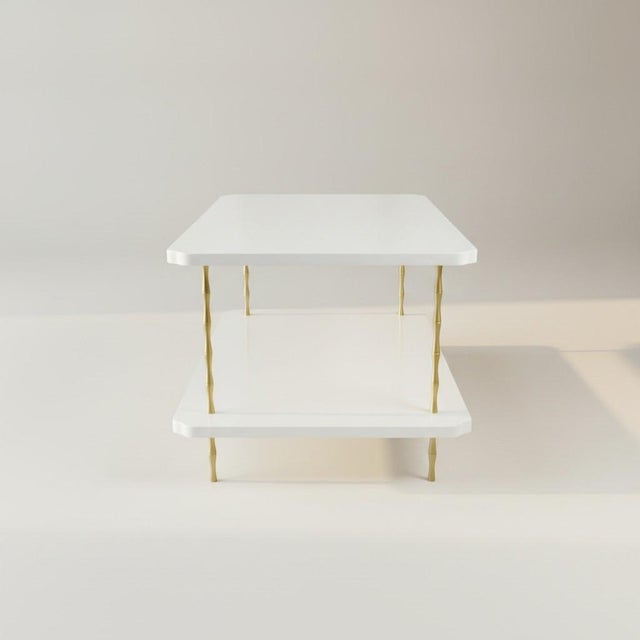 Handcrafted Satin White Dove Lacquered Two-Layer Coffee Table With Brass Bamboo Legs For Sale - Image 4 of 6
