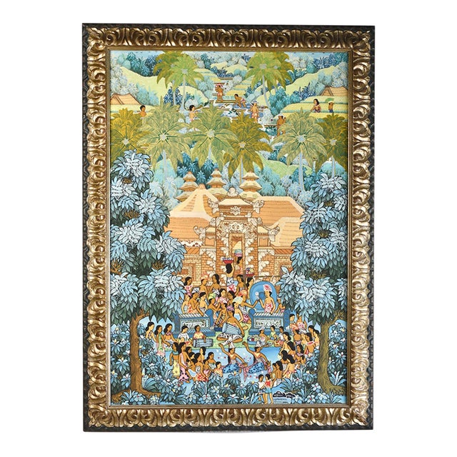 Large Vintage Oil Painting Balinese Scene Colorful Framed For Sale
