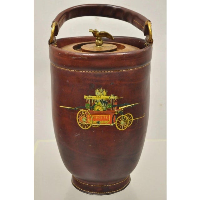 Vintage Loyal Papeete Firetruck Brown Leather Brass Eagle Handle Bar Ice Bucket For Sale - Image 11 of 11