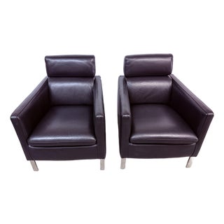 Domicil Leather Track Arm Chairs, Pair For Sale