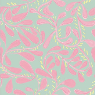 Sample - Wallflower Vines Wallpaper by Susan Hable in Pink on Pistachio For Sale