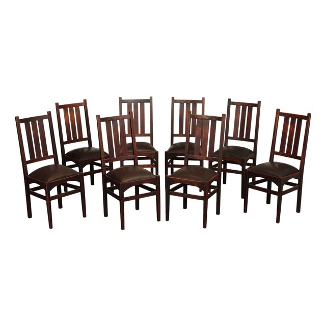 Gustav Stickley Harvey Ellis Set of Eight Oak and Leather Dining Chairs For Sale