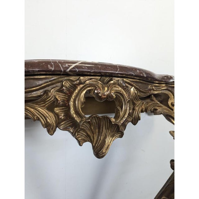 2000 - 2009 Louis XV Console in Carved Giltwood with Red Marble Top For Sale - Image 5 of 10