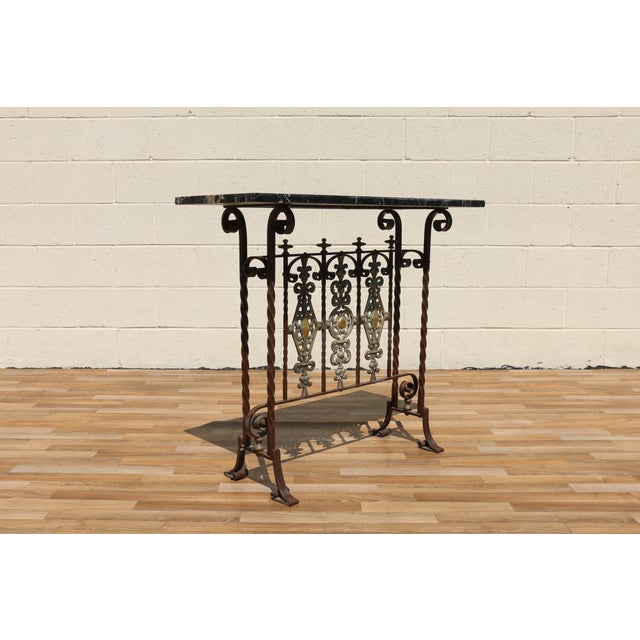 Gothic Antique Spanish Revival Entry Hall Table | Wrought Iron, Brass & Black Marble Console | Circa 1910 For Sale - Image 3 of 18