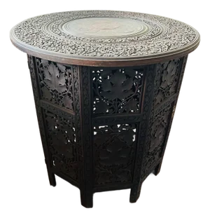 Large Antique Moroccan Carved Wood With Brass Inlay Octagonal Side Table