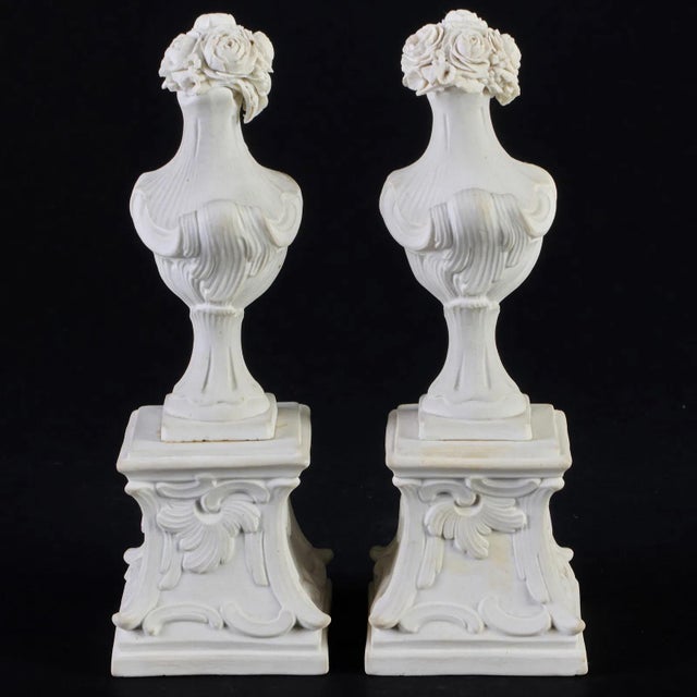 Antique 18th Century English Rococo Biscuit Porcelain Urns on Pedestals - A Pair For Sale - Image 4 of 7