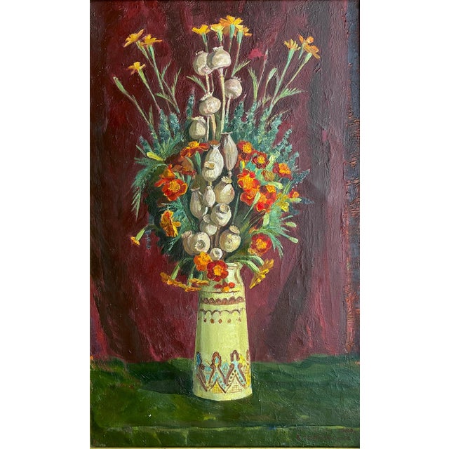 Original Still Life Oil Painting, Flowers in Vase, Soviet Ukrainian Art 78,5-38,5 For Sale