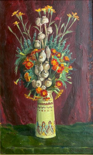 Original Still Life Oil Painting, Flowers in Vase, Soviet Ukrainian Art 78,5-38,5