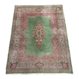 Vintage Persian Kerman Hand-Knotted Wool Rug in Green and Rose For Sale