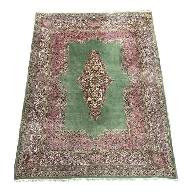 Vintage Persian Kerman Hand-Knotted Wool Rug in Green and Rose For Sale