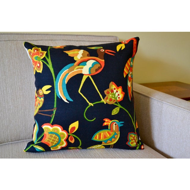 Hand made and unique decorative pillow with a tropical pattern by Duralee Fabrics. This pillow has a neutral linen fabric...
