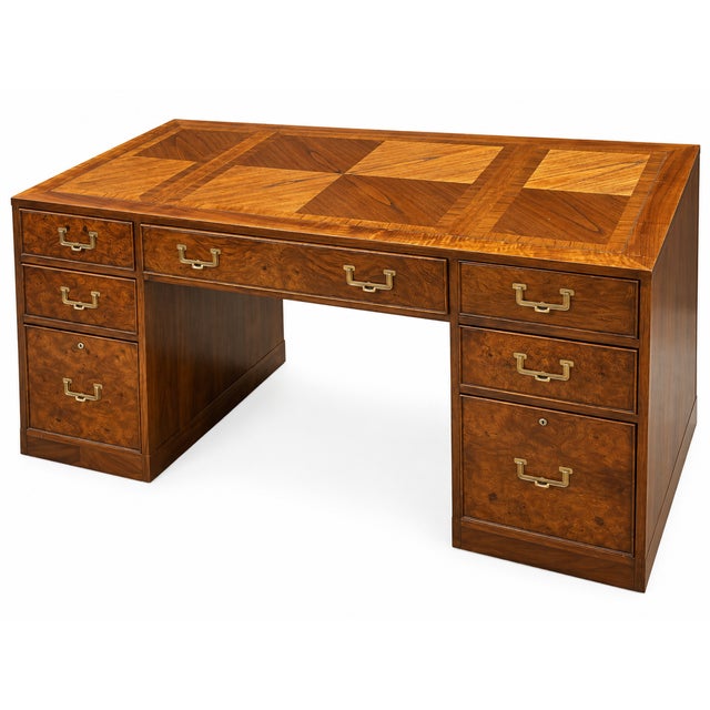 Hekman Burl Walnut Mid Century Campaign Desk For Sale In San Diego - Image 6 of 8