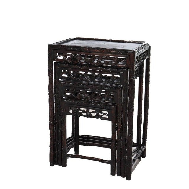 Set of 4 Antique Chinese Floral & Figural Carved Hardwood Nesting Tables For Sale - Image 9 of 13