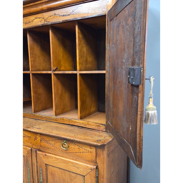 Antique French Elm Deux Corps Buffet Cabinet With Inlay and Fitted Interior For Sale - Image 15 of 18