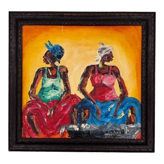 Vintage Modern Expressionist Figural Painting of Two Women in Carved Frame - Signed “Mitchell.” For Sale
