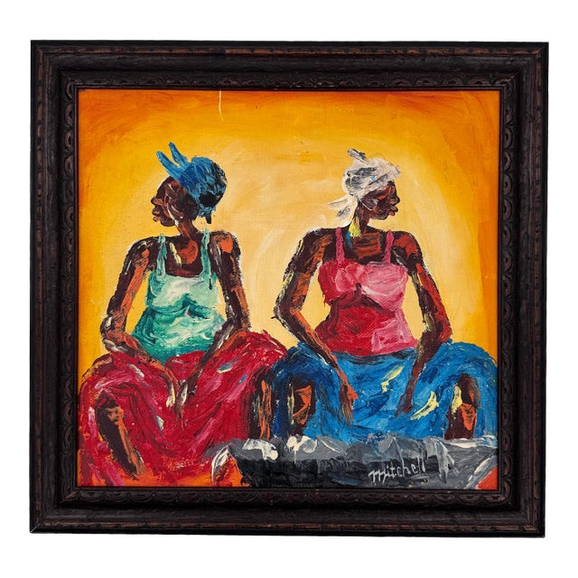 Vintage Modern Expressionist Figural Painting of Two Women in Carved Frame - Signed “Mitchell.” For Sale