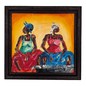 Vintage Modern Expressionist Figural Painting of Two Women in Carved Frame - Signed “Mitchell.”