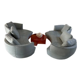 Roche Bobois Curved Leather Sofas in Soft Sage Blue: A Pair For Sale