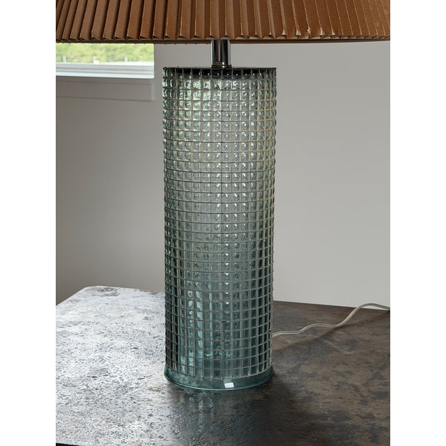Le Corbusier Bauhaus Maison De Verre-Style Caged Glass Lamp With Natural Paper Pleated Shade For Sale - Image 4 of 15