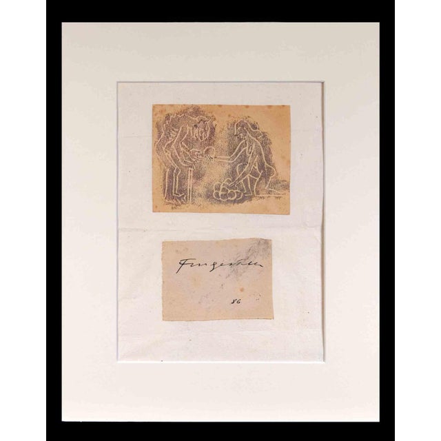 Eve's Apples is an woodcut realized by Michel Fingesten in 1930s. Woodcut showing Eve while handing apples. Below a card...