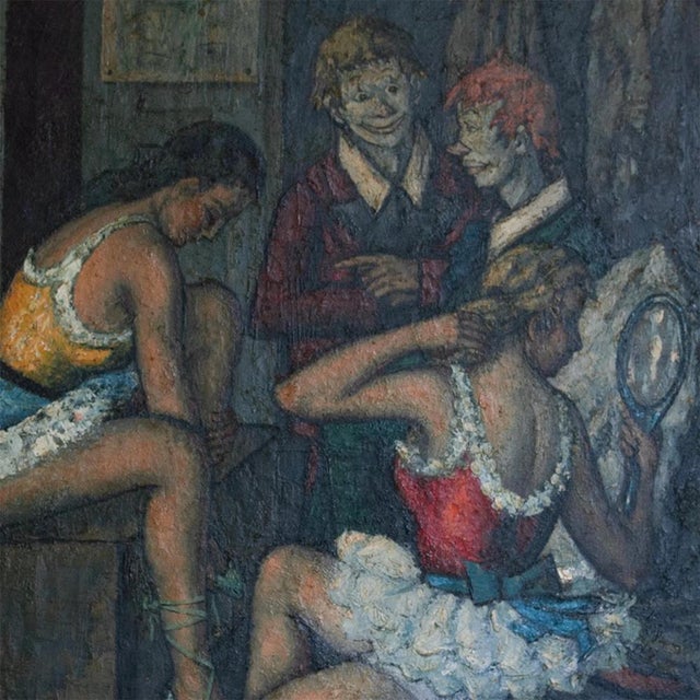 M. Duval, Backstage with Clowns and Dancers, 1950s, Oil on Canvas For Sale - Image 4 of 8