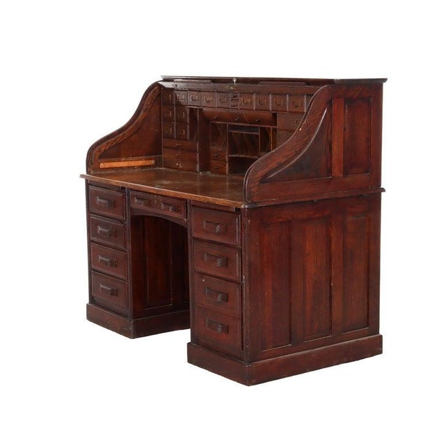 Arts & Crafts Quarter Sawn Oak Paneled Roll Top Desk With Full Interior C1910 For Sale - Image 14 of 16